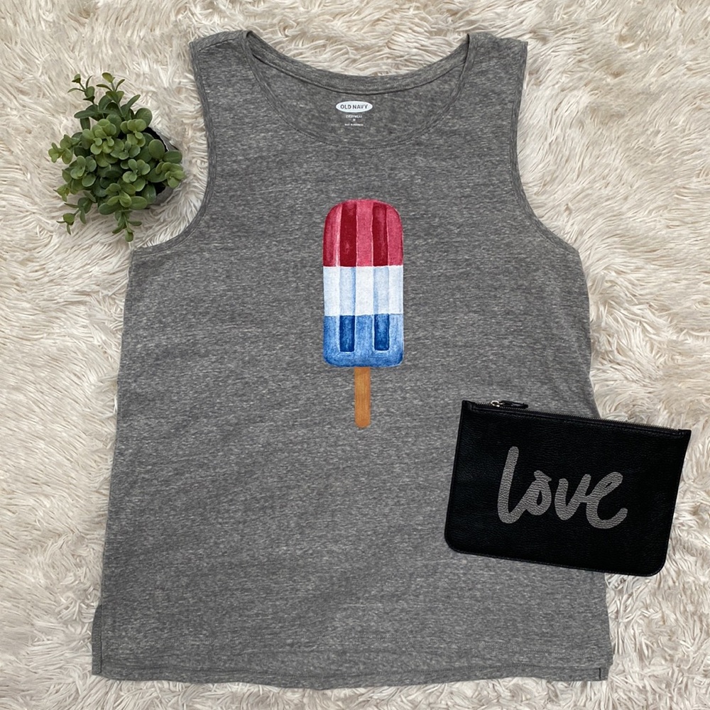 🎉2X HP🎉 Old Navy Patriotic Graphic Tank 💗 Gray Red White & Blue - Picture 2 of 13
